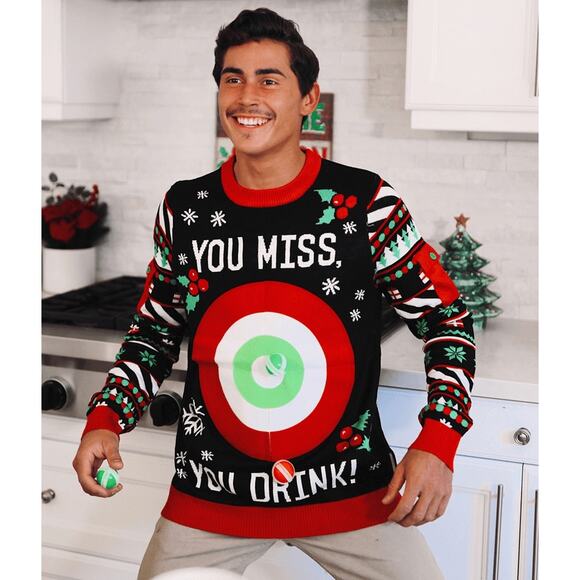 Tipsy Elves Men’s Drinking Game Ugly Christmas Sweater Size M Red Black Pullover - Picture 2 of 9